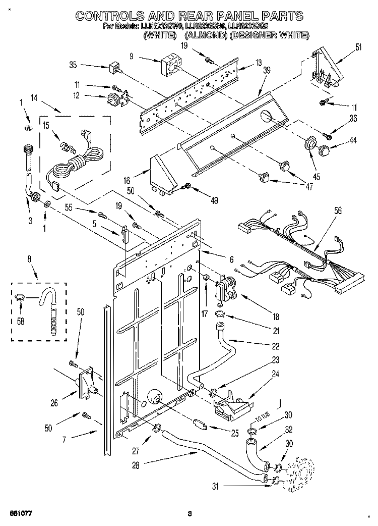 CONTROLS AND REAR PANEL Diagram and Parts List for LLN8233BQ0  Whirlpool Washer