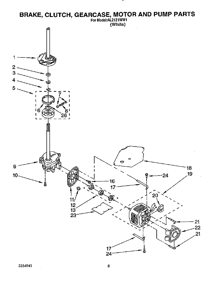 BRAKE, CLUTCH, GEARCASE, MOTOR AND PUMP Diagram and Parts List for AL2121WW1  Whirlpool Washer