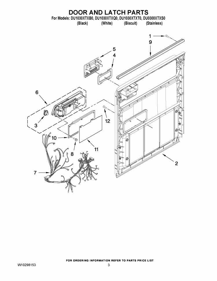 DOOR AND LATCH PARTS Diagram and Parts List for DU0300XTXS0  Whirlpool Dishwasher