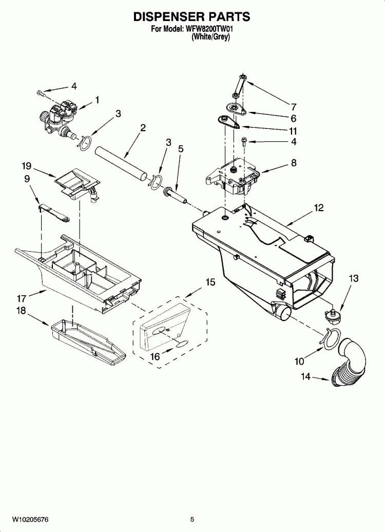 DISPENSER PARTS Diagram and Parts List for WFW8200TW01  Whirlpool Washer