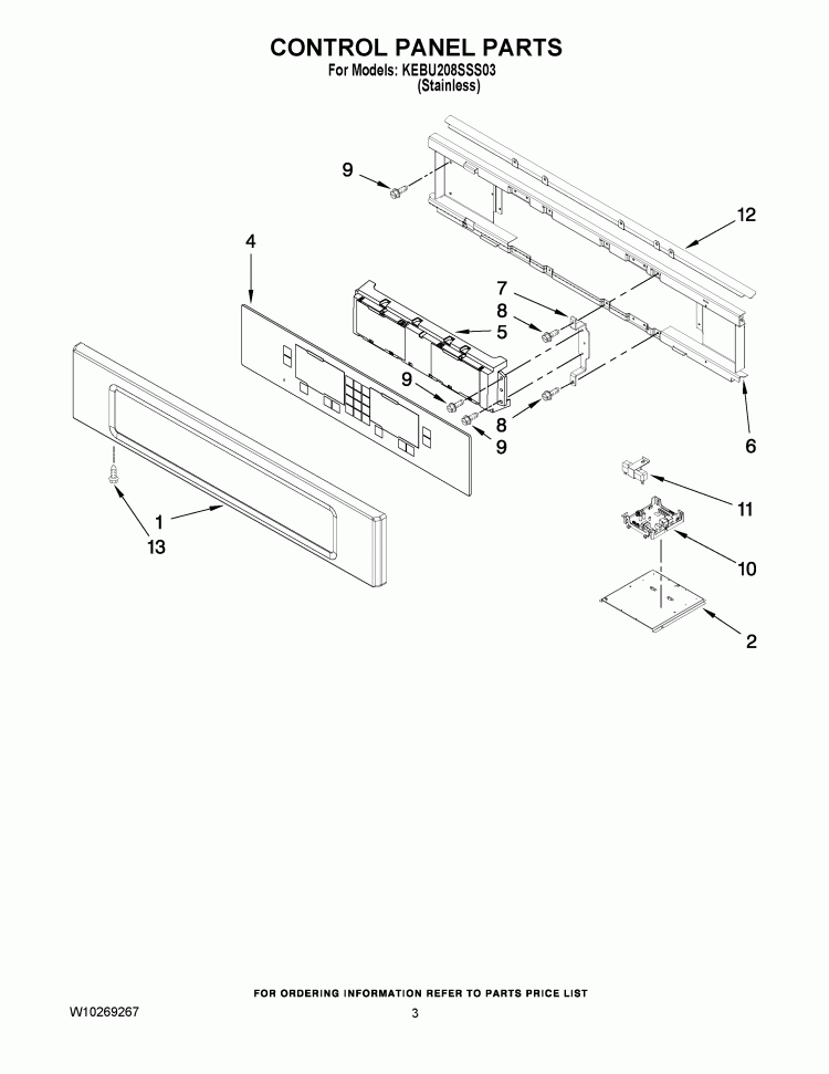 CONTROL PANEL PARTS Diagram and Parts List for KEBU208SSS03  KitchenAid Wall Oven