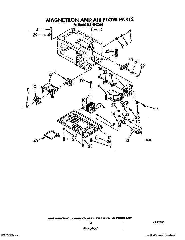 MAGNETRON AND AIR FLOW Diagram and Parts List for MS1600XW0  Whirlpool Wall Oven
