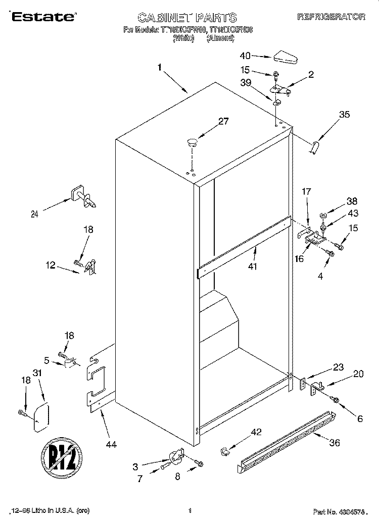 CABINET Diagram and Parts List for TT18DKXFW00  Whirlpool Refrigerator