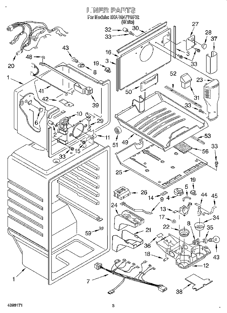 LINER Diagram and Parts List for 3XARG477GF02  Whirlpool Refrigerator