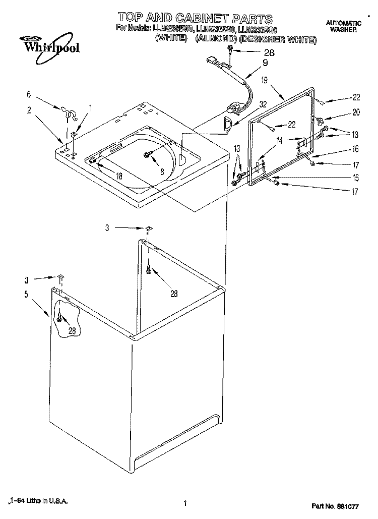 TOP AND CABINET, LIT/OPTIONAL Diagram and Parts List for LLN8233BQ0  Whirlpool Washer