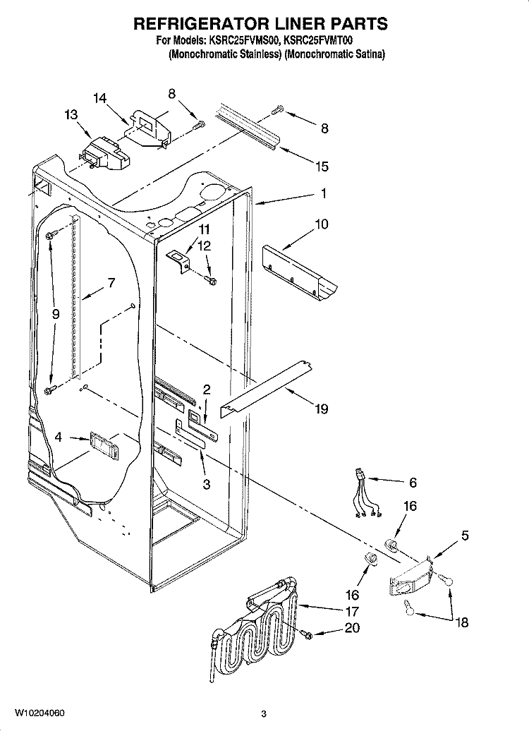 REFRIGERATOR LINER PARTS Diagram and Parts List for KSRC25FVMT00  KitchenAid Refrigerator