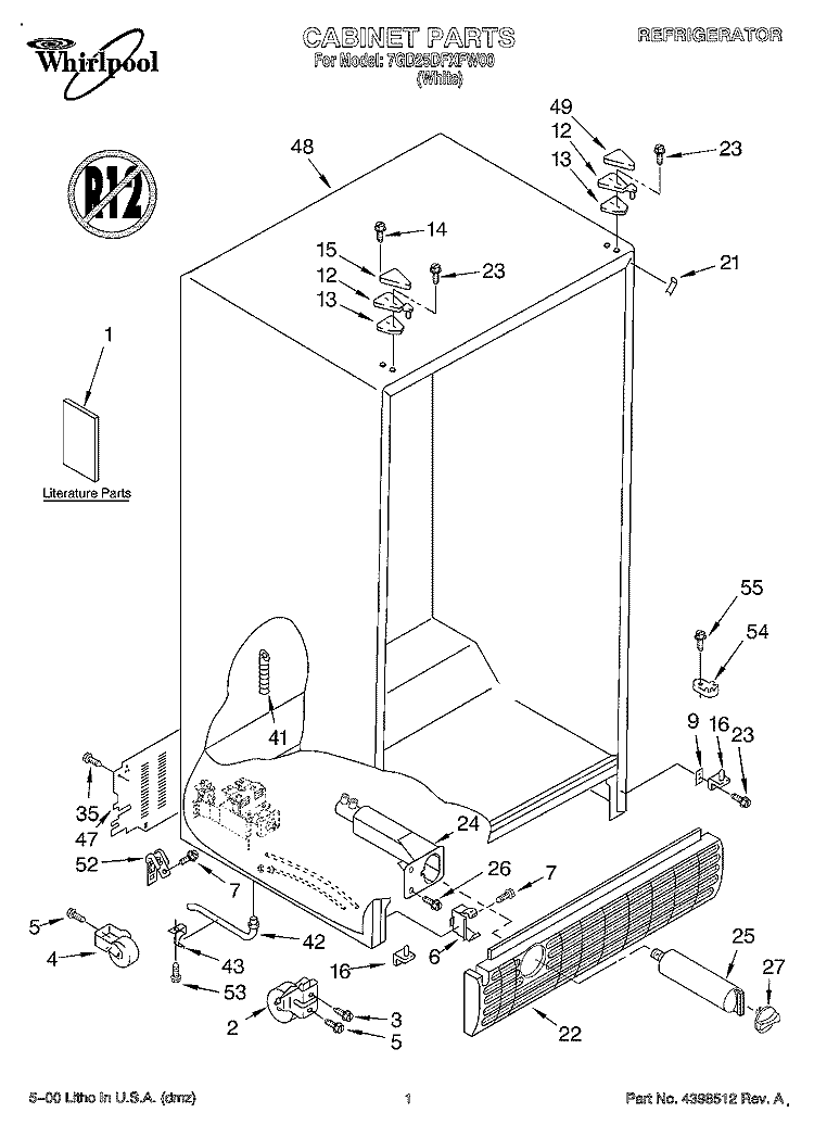 CABINET, LITERATURE Diagram and Parts List for 7GD25DFXFW00  Whirlpool Refrigerator