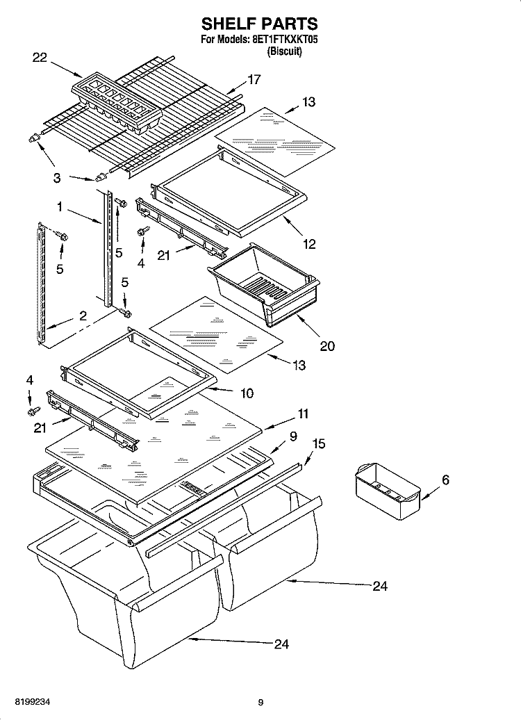 SHELF PARTS, OPTIONAL PARTS Diagram and Parts List for 8ET1FTKXKT05  Whirlpool Refrigerator