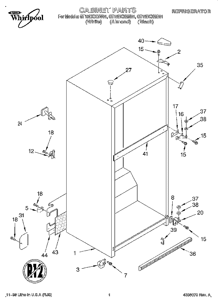 CABINET Diagram and Parts List for GT19DKXGN01  Whirlpool Refrigerator