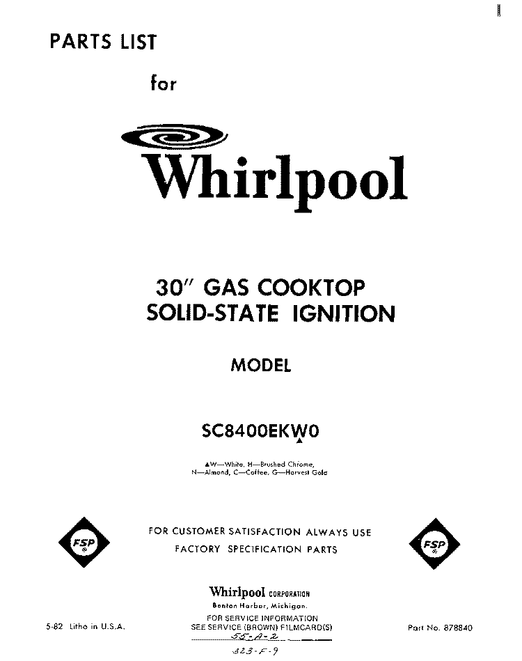 SECTION Diagram and Parts List for SC8400EKW0  Whirlpool Cooktop
