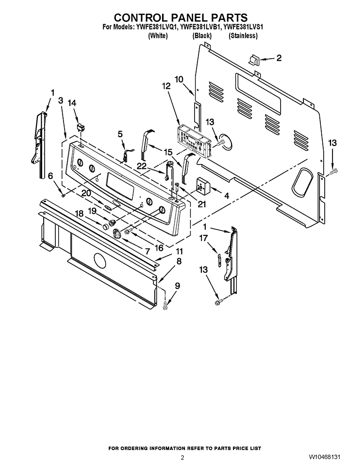 CONTROL PANEL PARTS Diagram and Parts List for YWFE381LVB1  Whirlpool Range