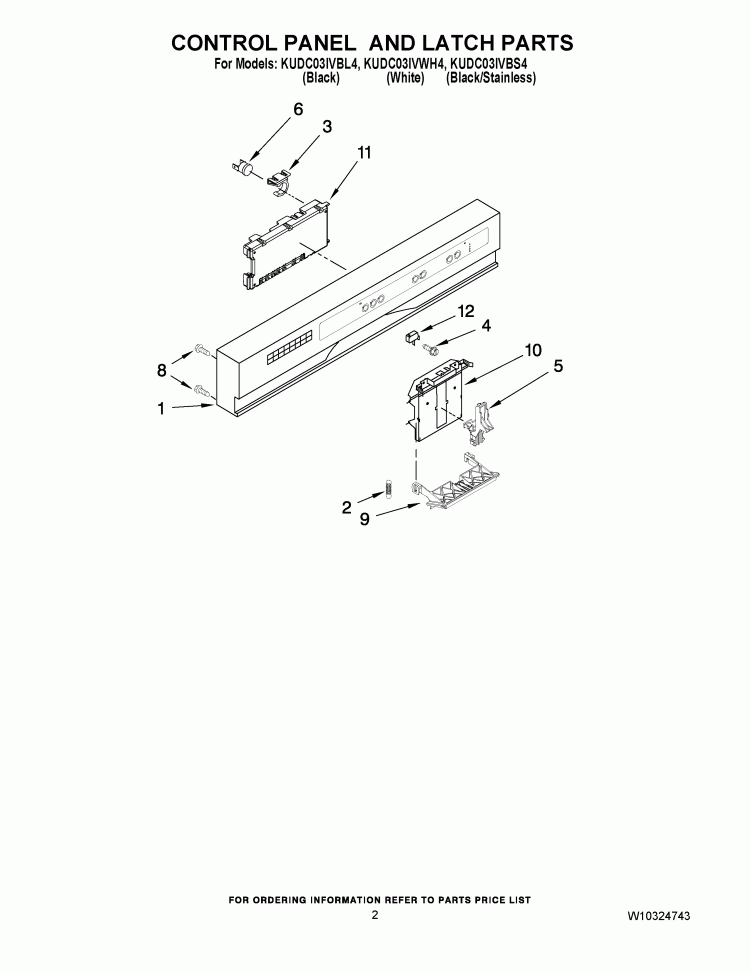 CONTROL PANEL AND LATCH PARTS Diagram and Parts List for KUDC03IVBL4  KitchenAid Dishwasher