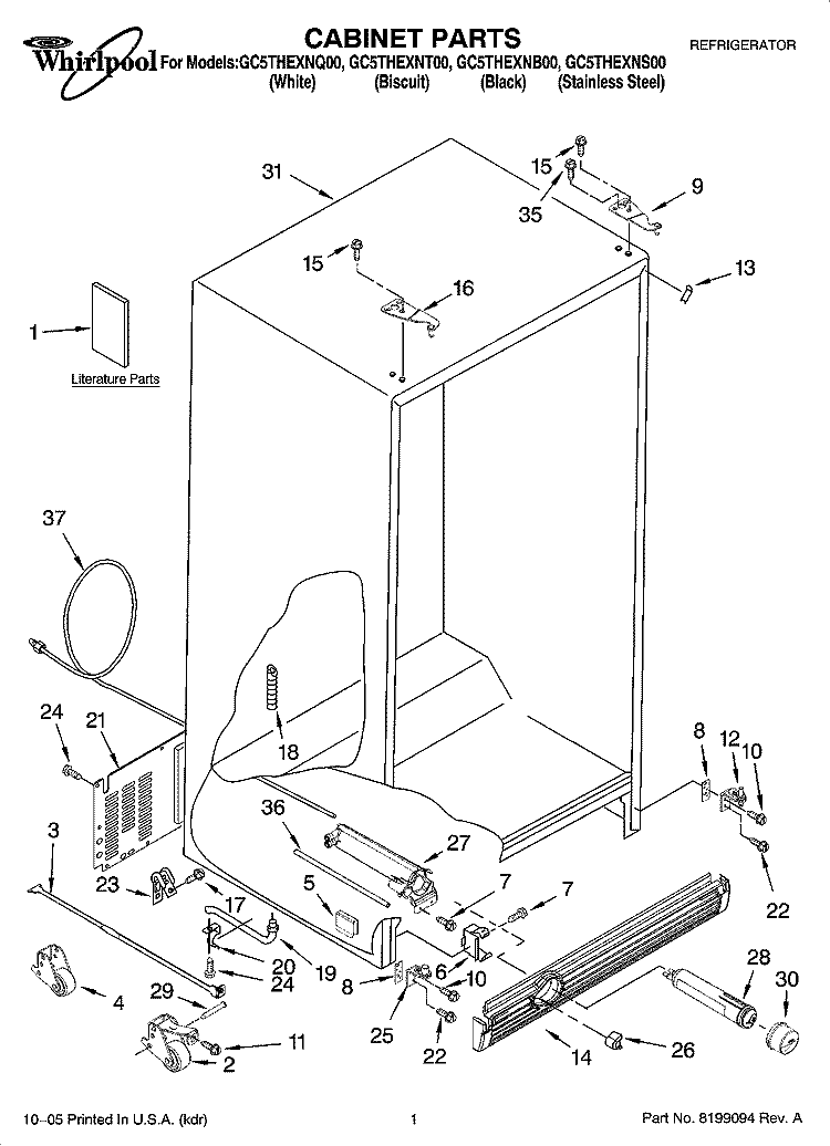 CABINET PARTS Diagram and Parts List for GC5THEXNT00  Whirlpool Refrigerator