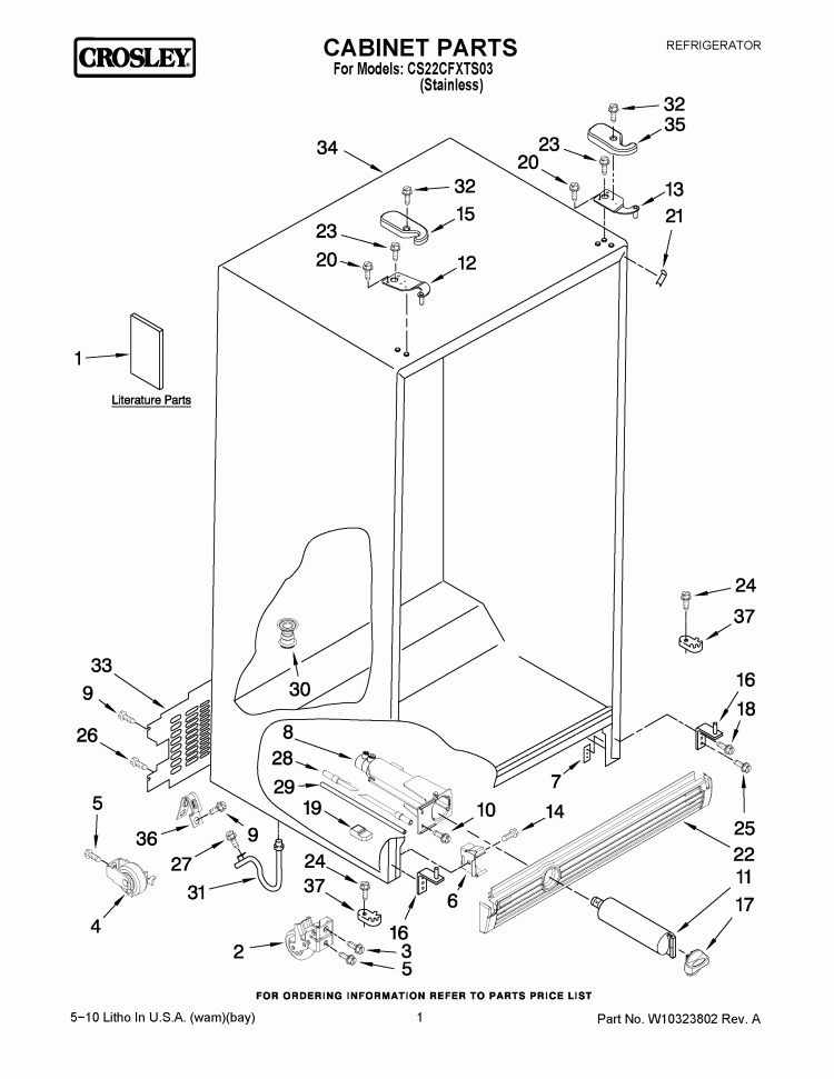 CABINET PARTS Diagram and Parts List for CS22CFXTS03  Crosley Refrigerator