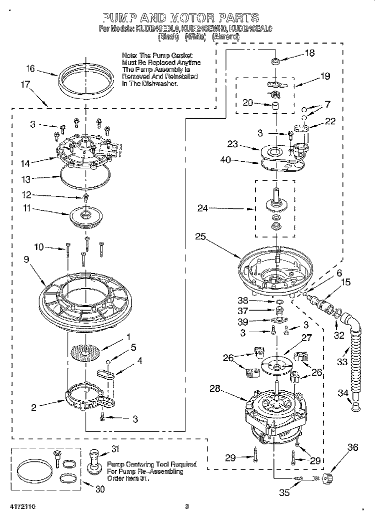 PUMP AND MOTOR Diagram and Parts List for KUDI24SEBL0  KitchenAid Dishwasher