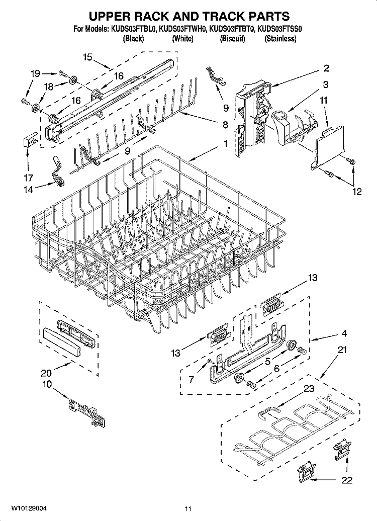 UPPER RACK AND TRACK PARTS Diagram and Parts List for KUDS03FTBL0  KitchenAid Dishwasher