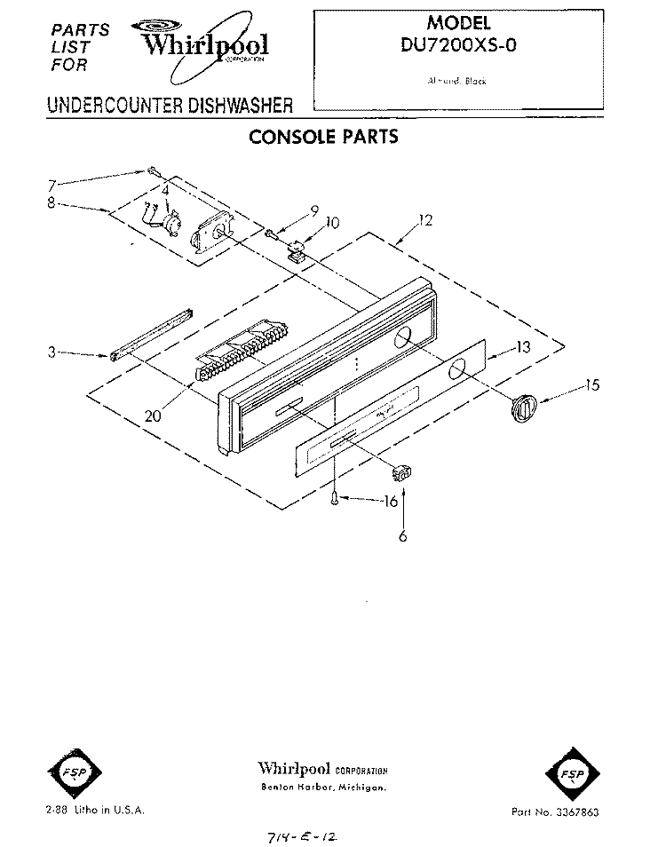 CONSOLE Diagram and Parts List for DU7200XS0  Whirlpool Dishwasher