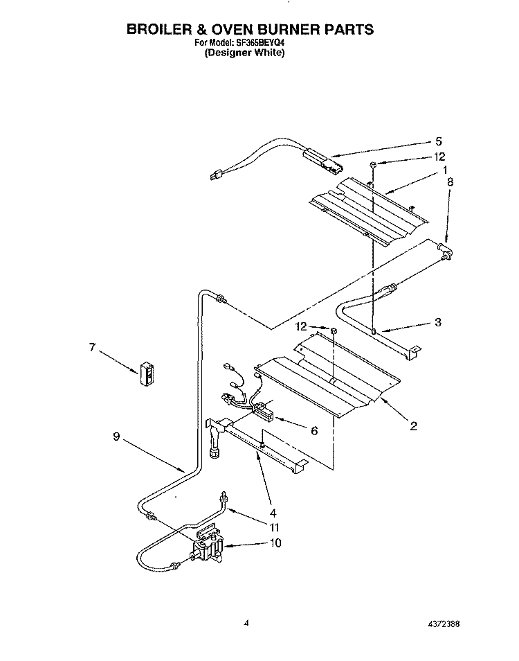 BROILER & OVEN BURNER Diagram and Parts List for SF365BEYQ4  Whirlpool Range