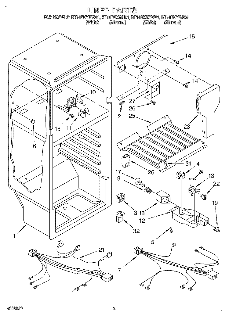LINER, LIT/OPTIONAL Diagram and Parts List for RT14DKYGW01  Roper Refrigerator