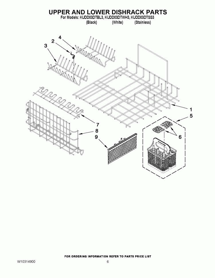 UPPER AND LOWER DISHRACK PARTS Diagram and Parts List for KUDD03DTBL3  KitchenAid Dishwasher