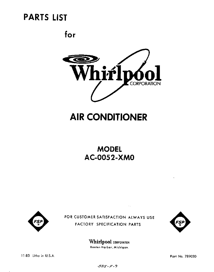 SECTION Diagram and Parts List for AC0052XM0  Whirlpool Air Conditioner