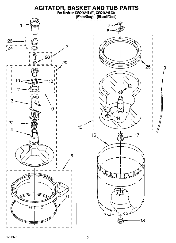 AGITATOR, BASKET AND TUB PARTS Diagram and Parts List for GSQ9669LG0  Whirlpool Washer