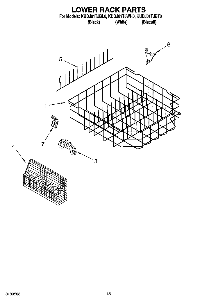 LOWER RACK PARTS Diagram and Parts List for KUDJ01TJWH0  KitchenAid Dishwasher