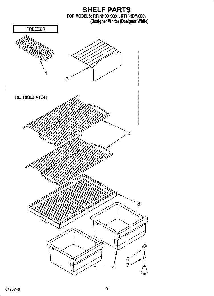 SHELF PARTS, OPTIONAL PARTS (NOT INCLUDED) Diagram and Parts List for RT14HDXKQ01  Roper Refrigerator
