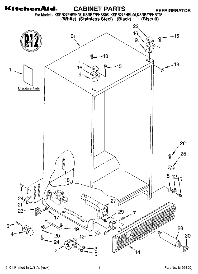 CABINET, LITERATURE Diagram and Parts List for KSRB27FHBL05  KitchenAid Refrigerator