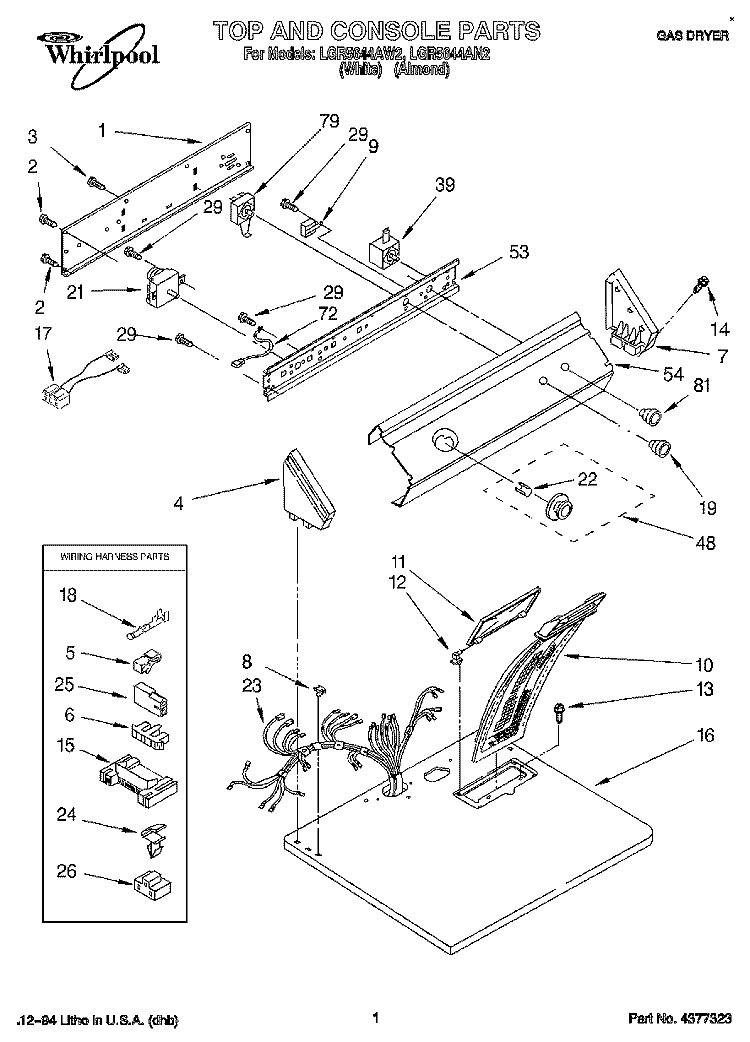 TOP AND CONSOLE, LIT/OPTIONAL Diagram and Parts List for LGR5644AW2  Whirlpool Dryer