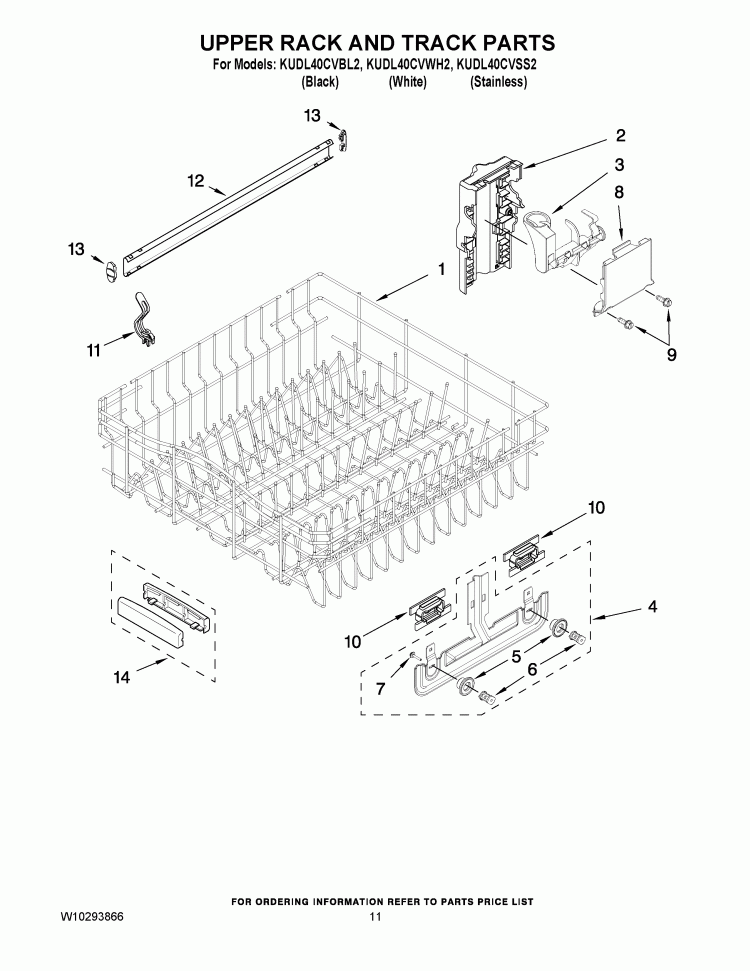 UPPER RACK AND TRACK PARTS Diagram and Parts List for KUDL40CVBL2  KitchenAid Dishwasher