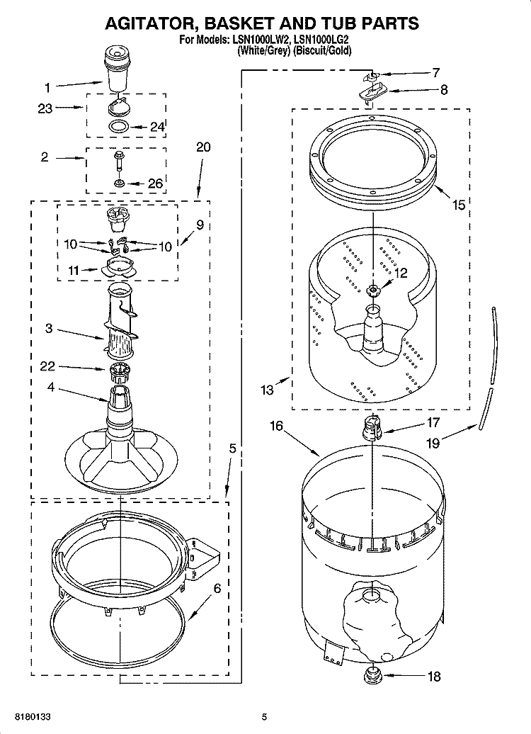 AGITATOR, BASKET AND TUB PARTS Diagram and Parts List for LSN1000LW2  Whirlpool Washer