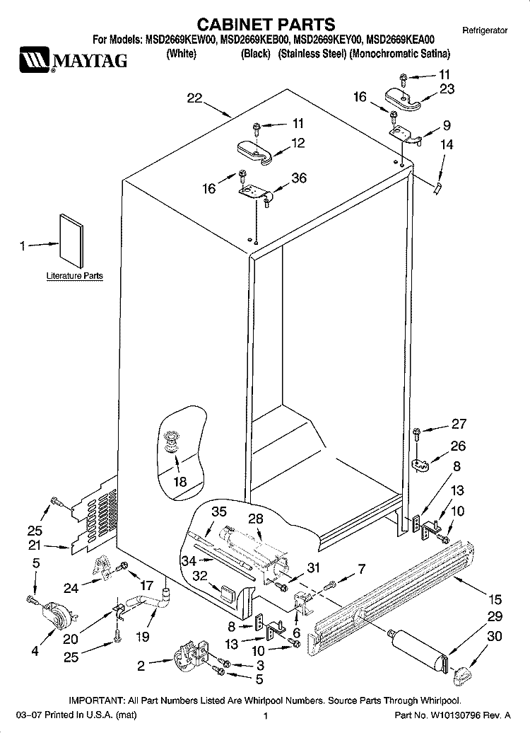 CABINET PARTS Diagram and Parts List for MSD2669KEY00  Whirlpool Refrigerator