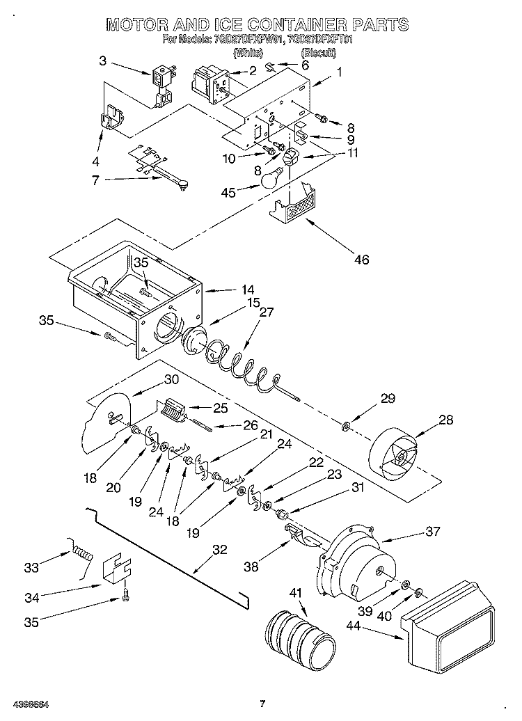 MOTOR AND ICE CONTAINER Diagram and Parts List for 7GD27DFXFT01  Whirlpool Refrigerator