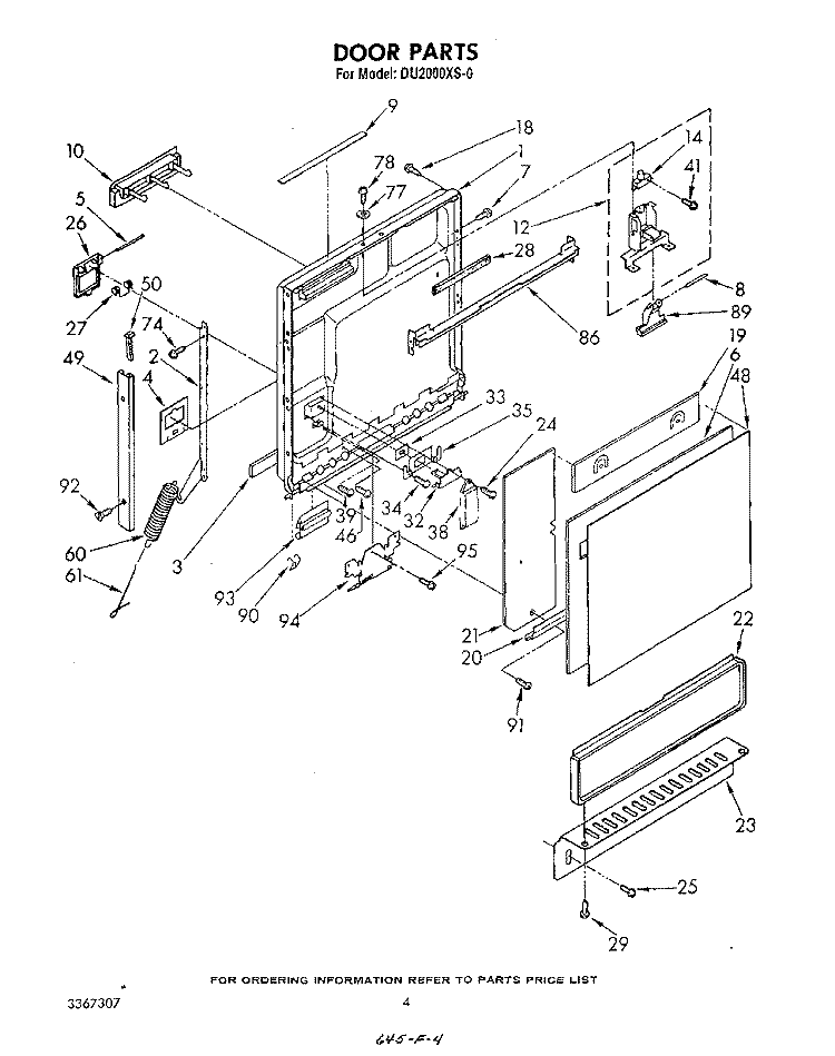 DOOR Diagram and Parts List for DU2000XS0  Whirlpool Dishwasher