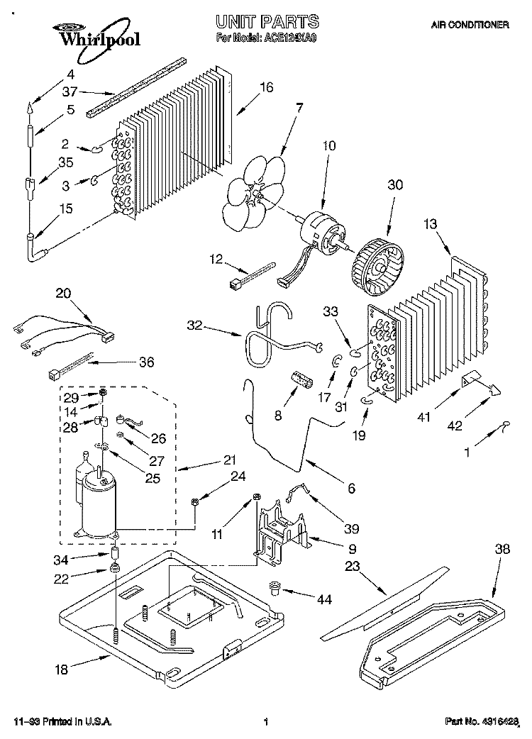 UNIT, LITERATURE Diagram and Parts List for ACE124XA0  Whirlpool Air Conditioner