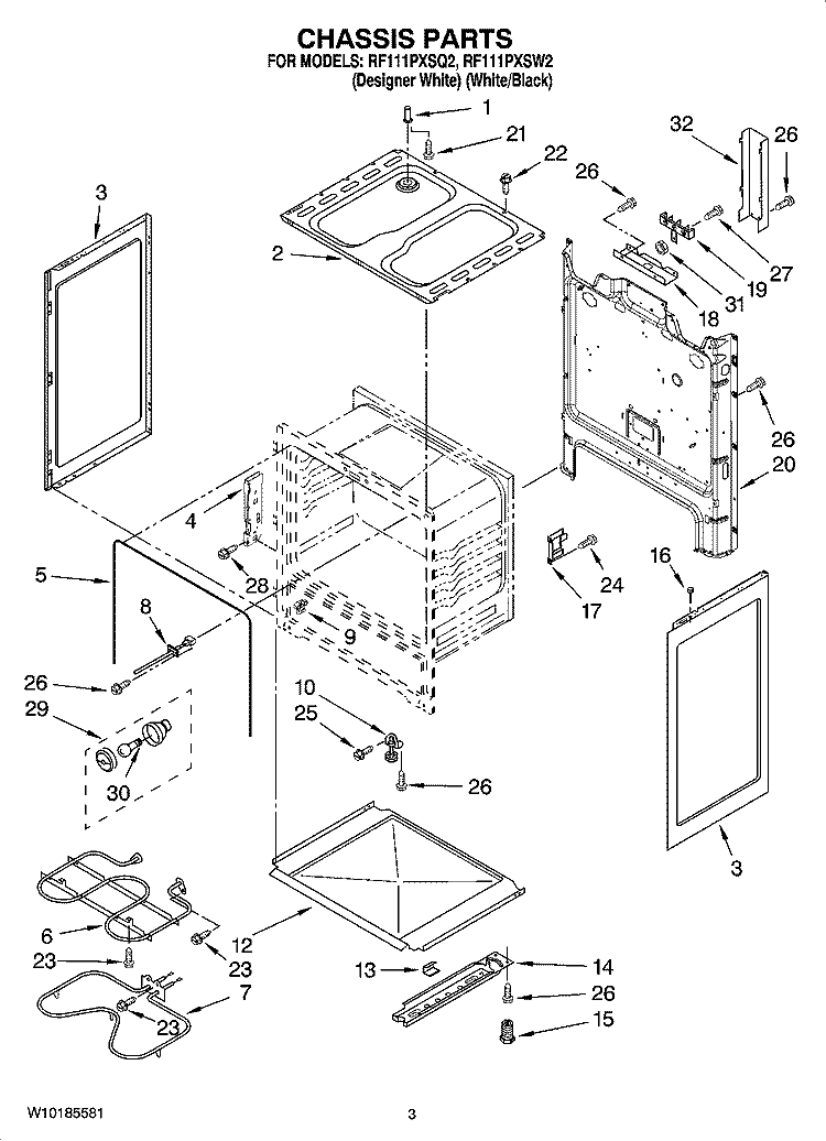 CHASSIS PARTS Diagram and Parts List for RF111PXSQ2  Whirlpool Range