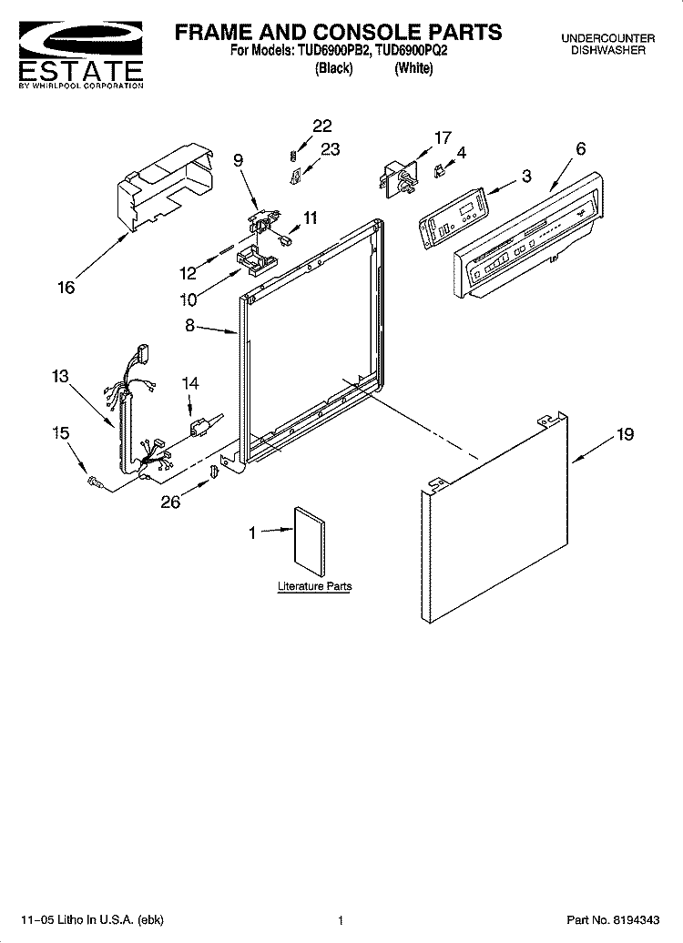 FRAME AND CONSOLE PARTS Diagram and Parts List for TUD6900PB2  Estate Dishwasher