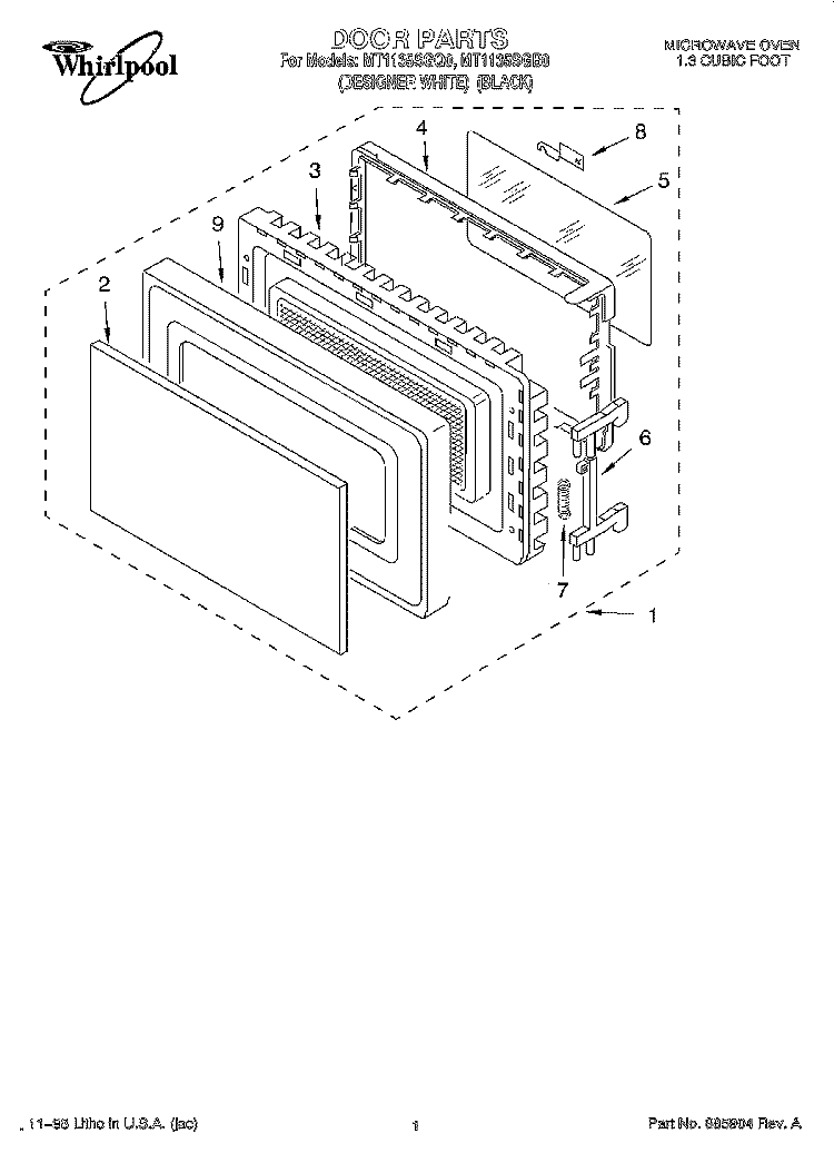 DOOR Diagram and Parts List for MT1135SGB0  Whirlpool Microwave