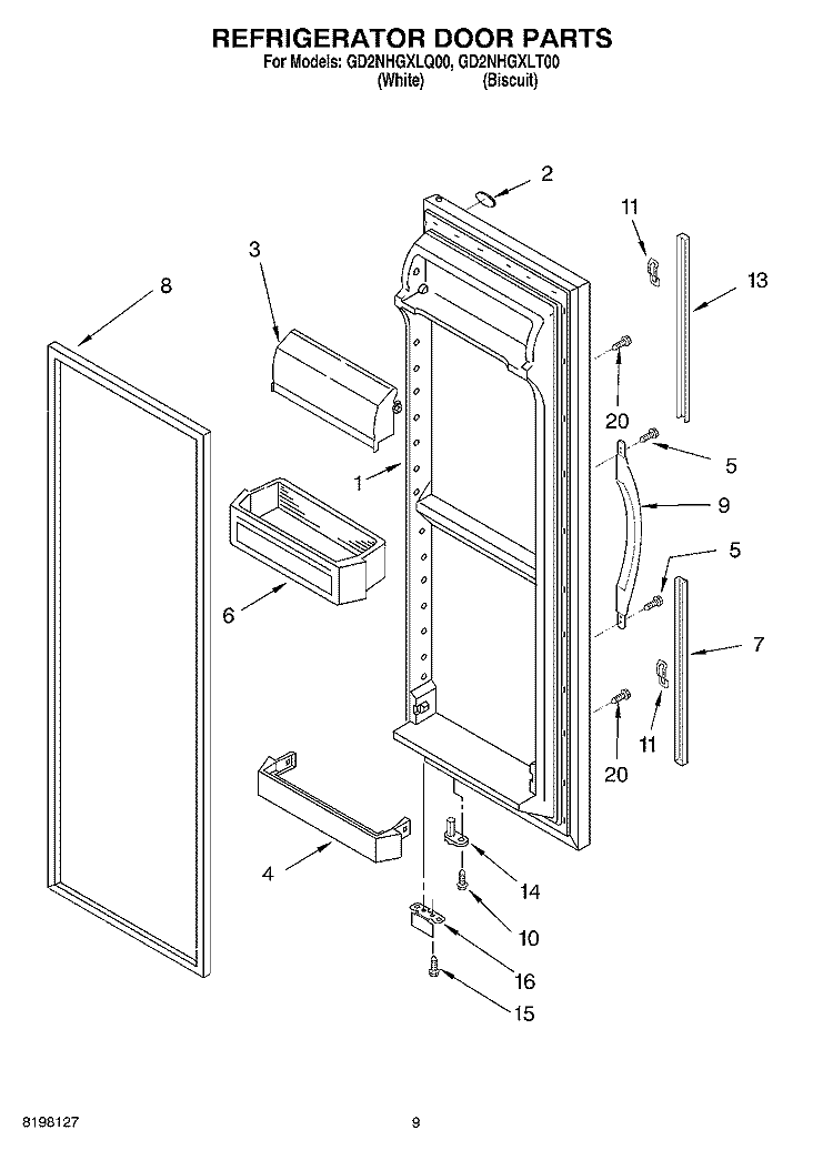 REFRIGERATOR DOOR Diagram and Parts List for GD2NHGXLQ00  Whirlpool Refrigerator