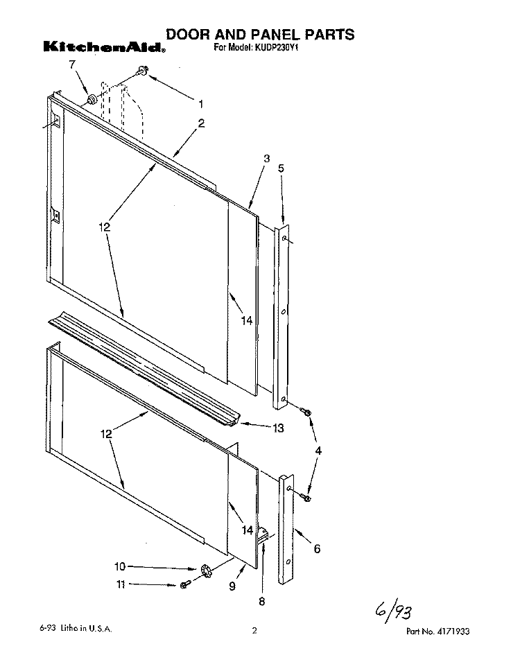 DOOR AND PANEL Diagram and Parts List for KUDP230Y1  KitchenAid Dishwasher