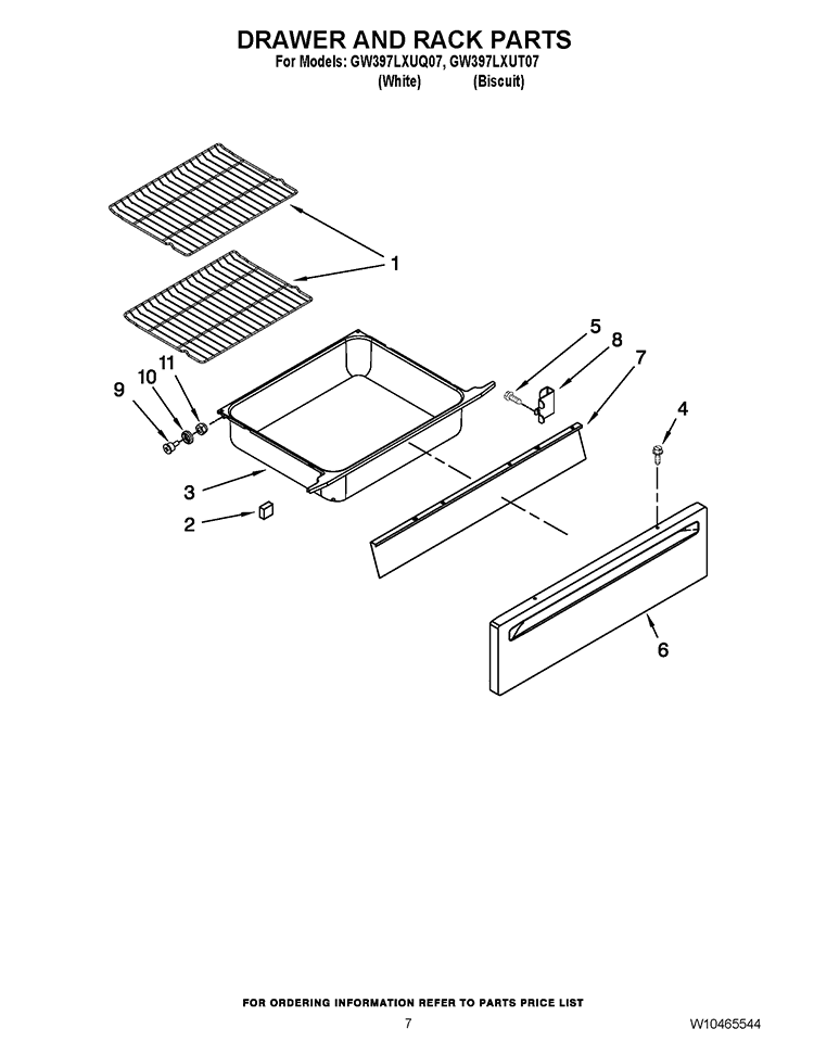 DRAWER AND RACK PARTS Diagram and Parts List for GW397LXUT07  Whirlpool Range
