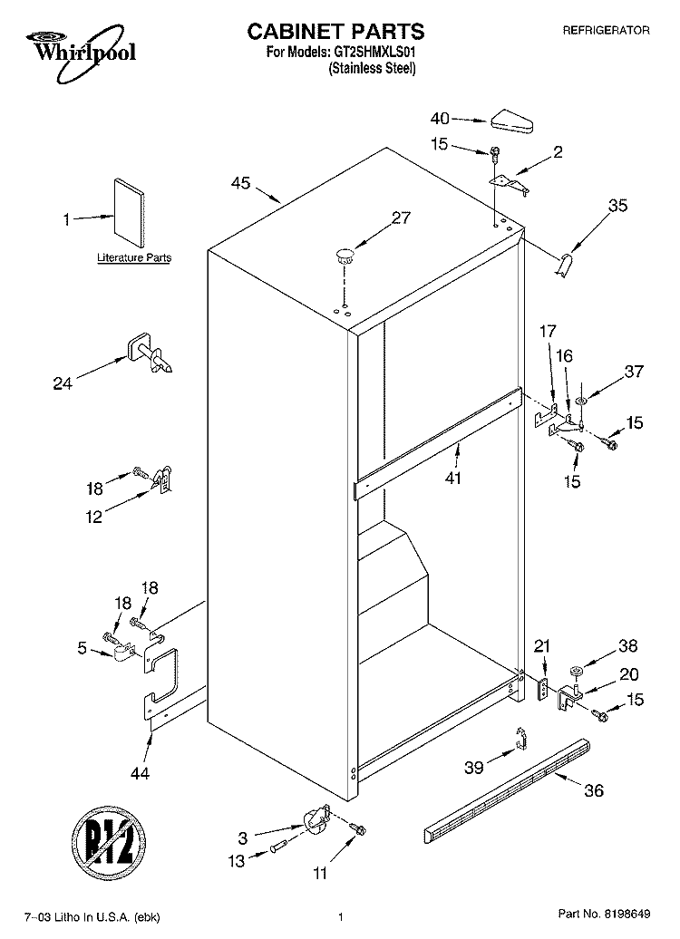 CABINET PARTS Diagram and Parts List for GT2SHMXLS01  Whirlpool Refrigerator