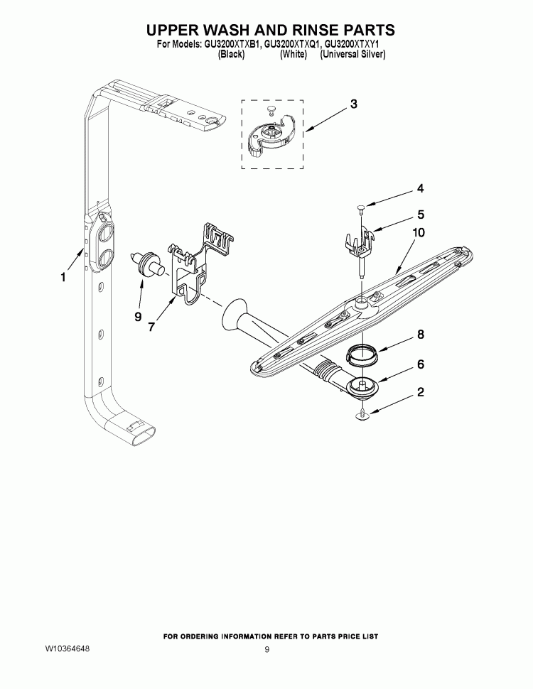 UPPER WASH AND RINSE PARTS Diagram and Parts List for GU3200XTXQ1  Whirlpool Dishwasher