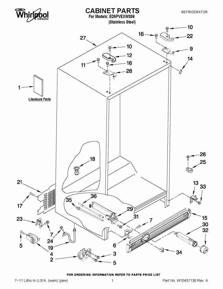 CABINET PARTS Diagram and Parts List for ED5PVEXWS06  Whirlpool Refrigerator