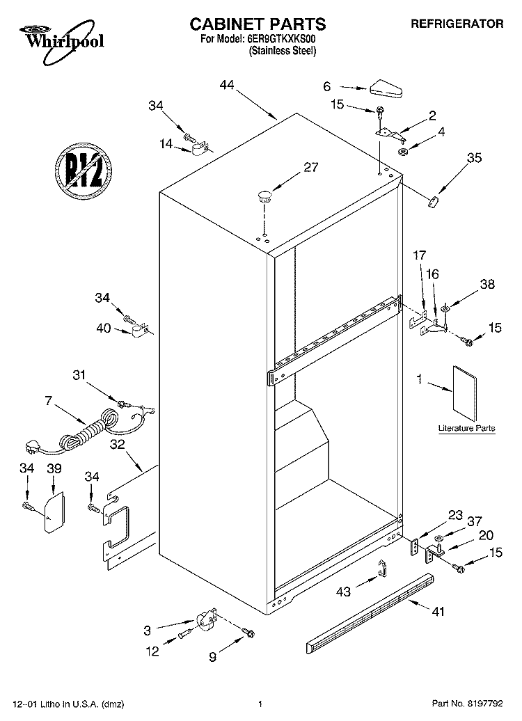 CABINET, LITERATURE Diagram and Parts List for 6ER9GTKXKS00  Whirlpool Refrigerator