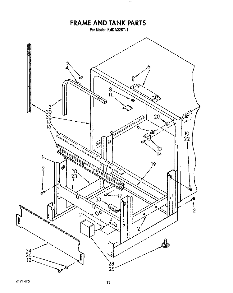 FRAME AND TANK Diagram and Parts List for KUDA22ST1  KitchenAid Dishwasher