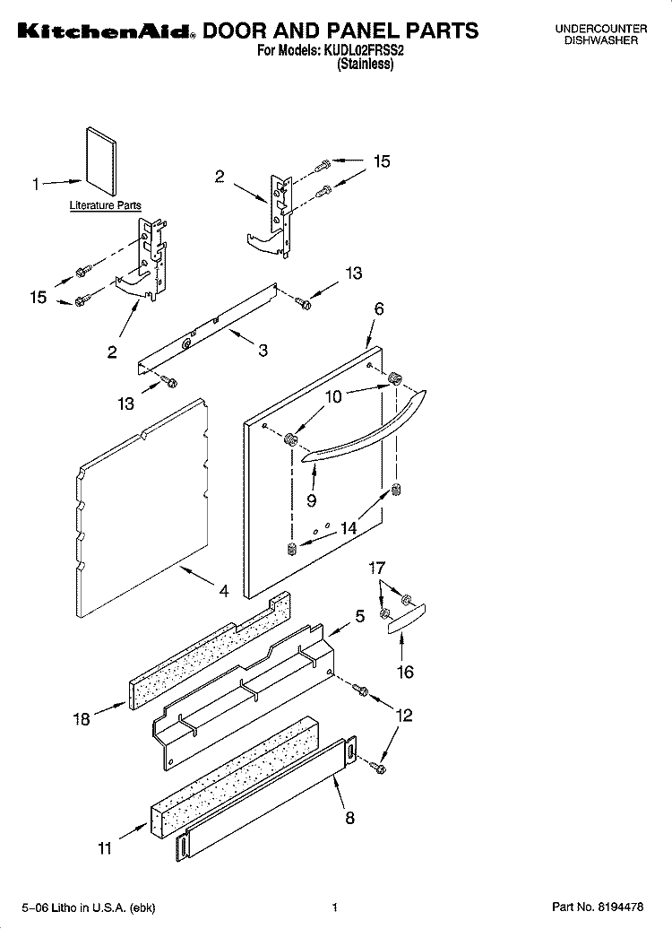 DOOR AND PANEL PARTS Diagram and Parts List for KUDL02FRSS2  KitchenAid Dishwasher