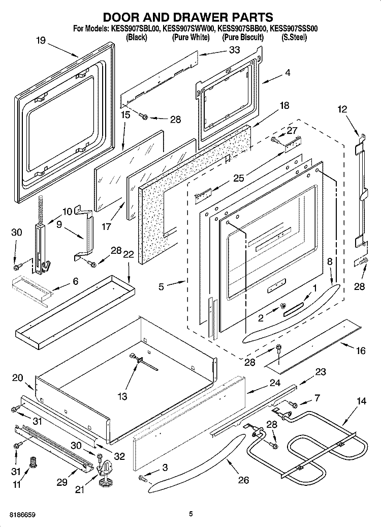 DOOR AND DRAWER PARTS Diagram and Parts List for KESS907SBB00  KitchenAid Range