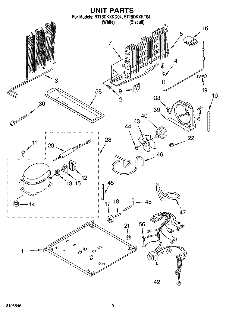 UNIT PARTS, OPTIONAL PARTS Diagram and Parts List for RT18DKXKQ04  Roper Refrigerator